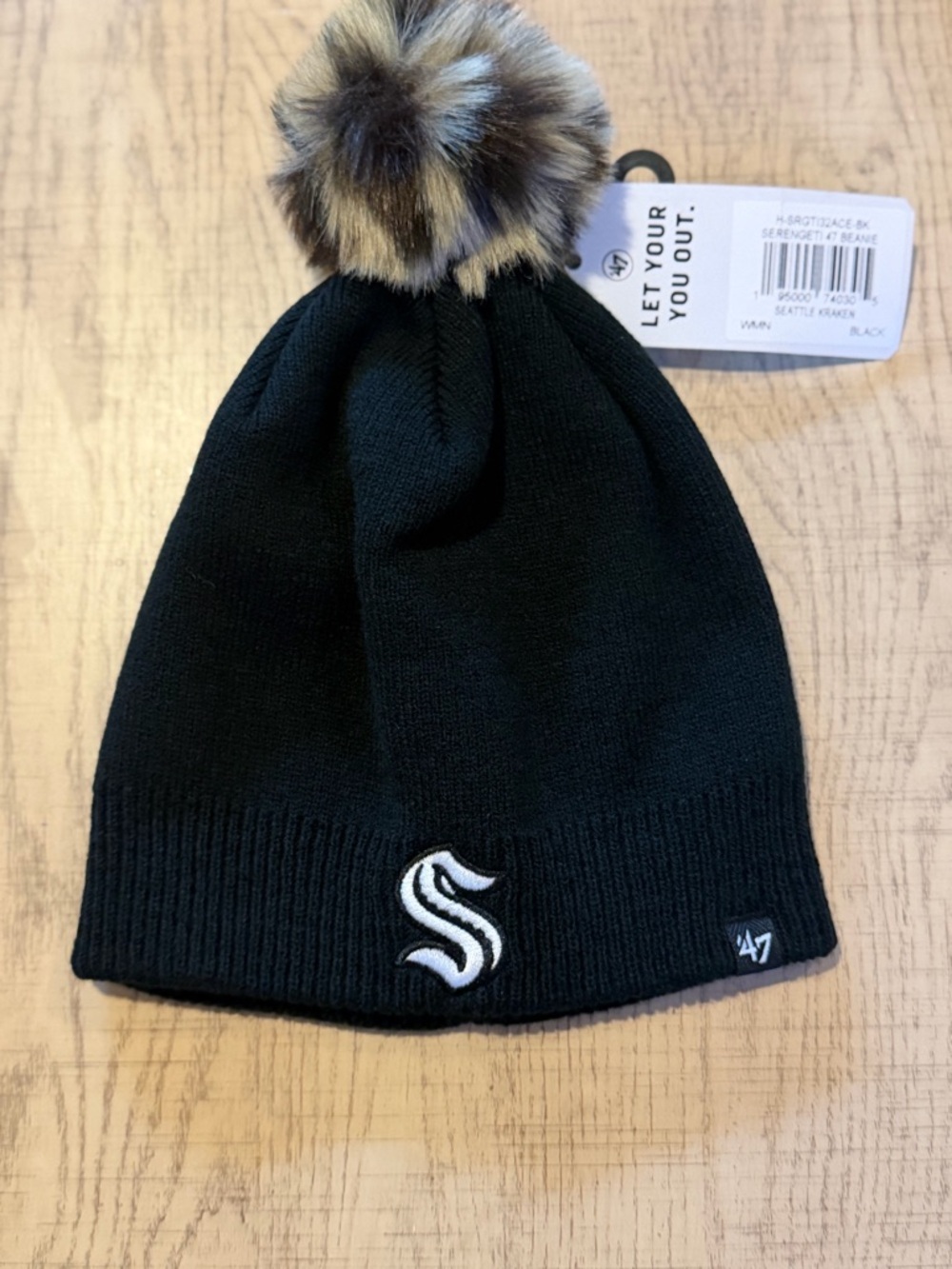 Seattle Kraken‘47 Women’s Knit Beanie with Cheetah Faux Fur Pom & White 'S' Logo